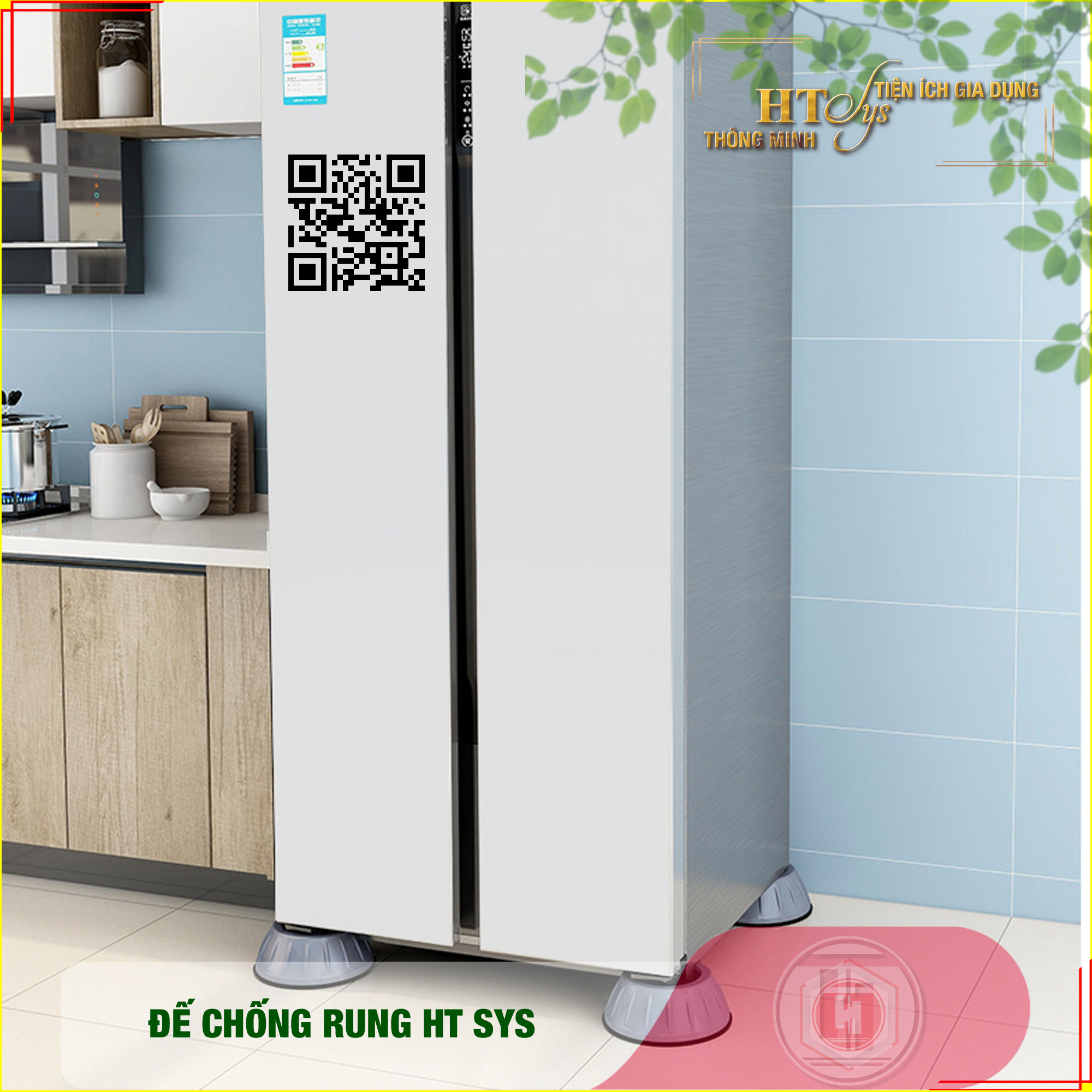 Bộ 04 chân đế cao su chống rung máy giặt - HT SYS - Đế chống rung máy giặt - Đế chống ồn máy giặt, máy sấy,tủ lạnh, bàn ghế + 01 Sét 3 móc dính dán tường vàng tài lộc HT SYS