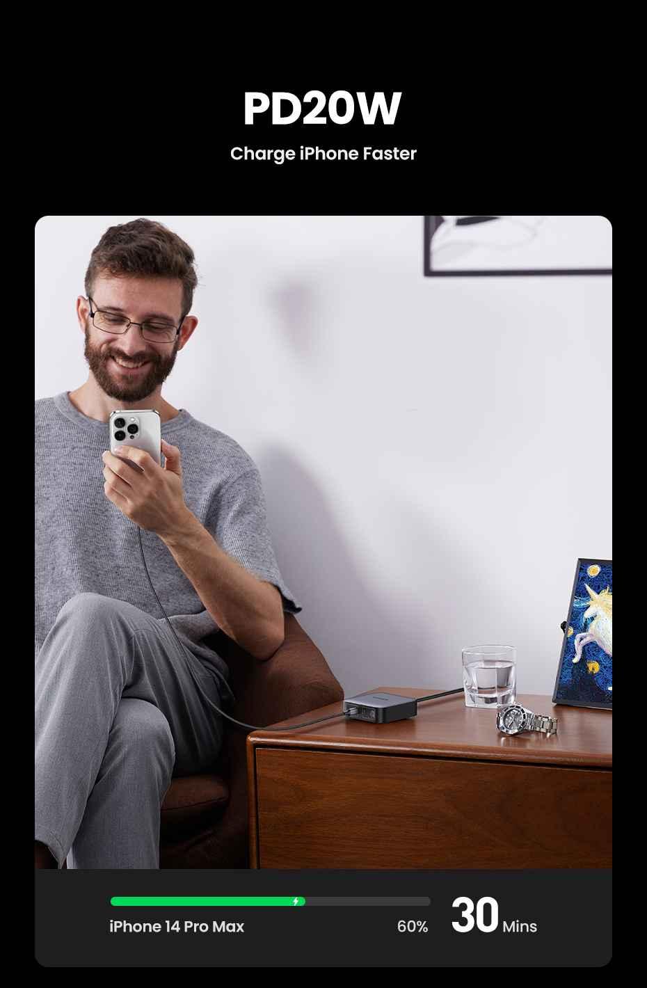 Ugreen UG90736CD328TK 100W Bộ sạc nhanh Nexode gồm 2 cổng USB-C + 2 cổng USB-A dây nguồn dài 1.5M chuẩn cắm US - HÀNG CHÍNH HÃNG