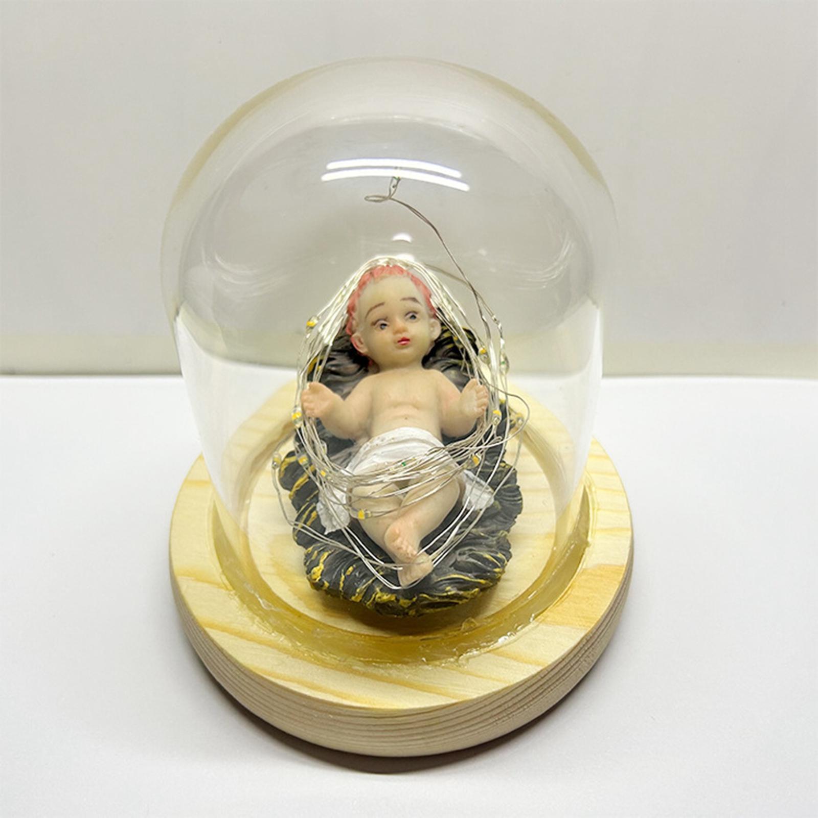 Infant Jesus Figurine with Glass Cover and Lights Jesus Doll for Decoration