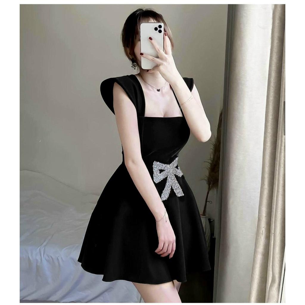 Đầm 2 dây đỏ ngắn xòe tay tiên đính đá nơ eo 2m dự tiệc cưới chơi noel chúc Tết