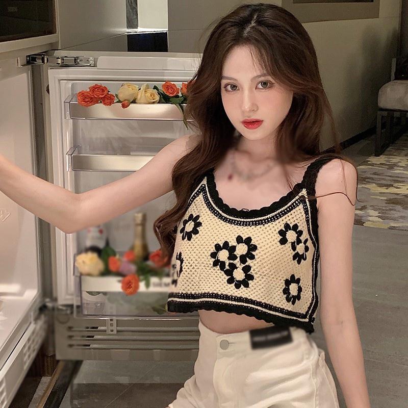 ✚⊕❖Áo Croptop Đan Dệt Kim Hoạ Tiết Hoa Xinh Xắn Thời Trang Mùa Hè Cho Phái Nữ