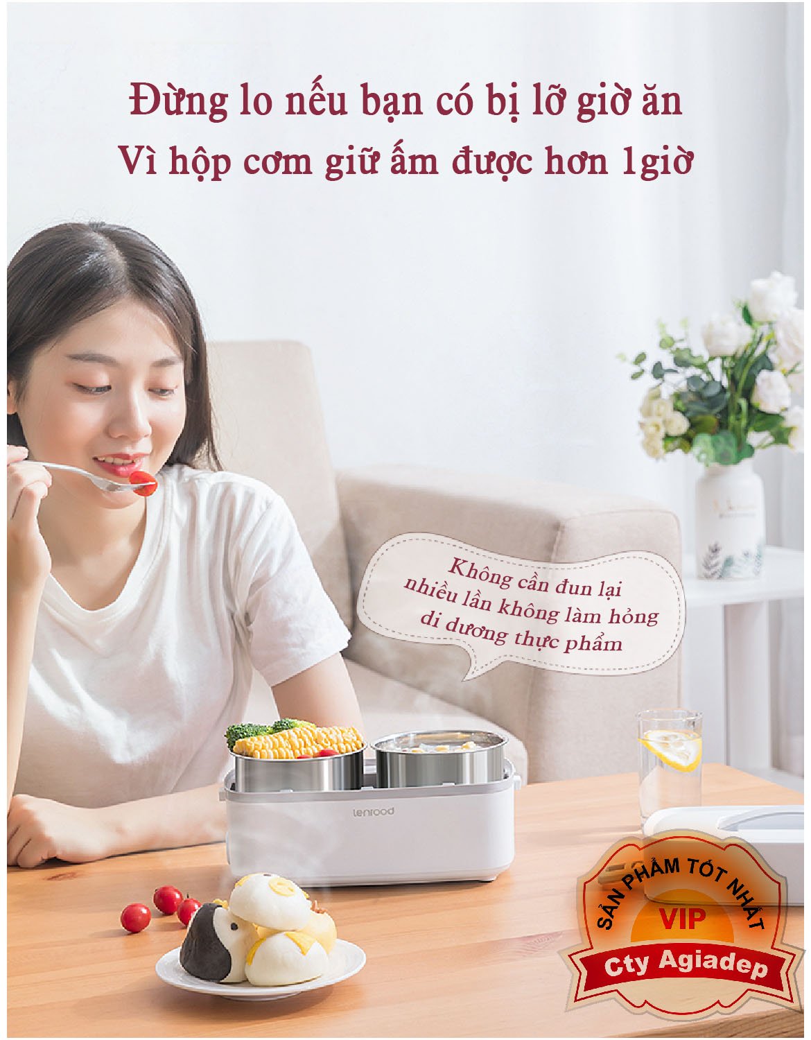 Hộp cơm tự nấu Lenrood 3 thâng 1.8L cao cấp dùng để nấu, hâm nóng và bảo quản đồ ăn.