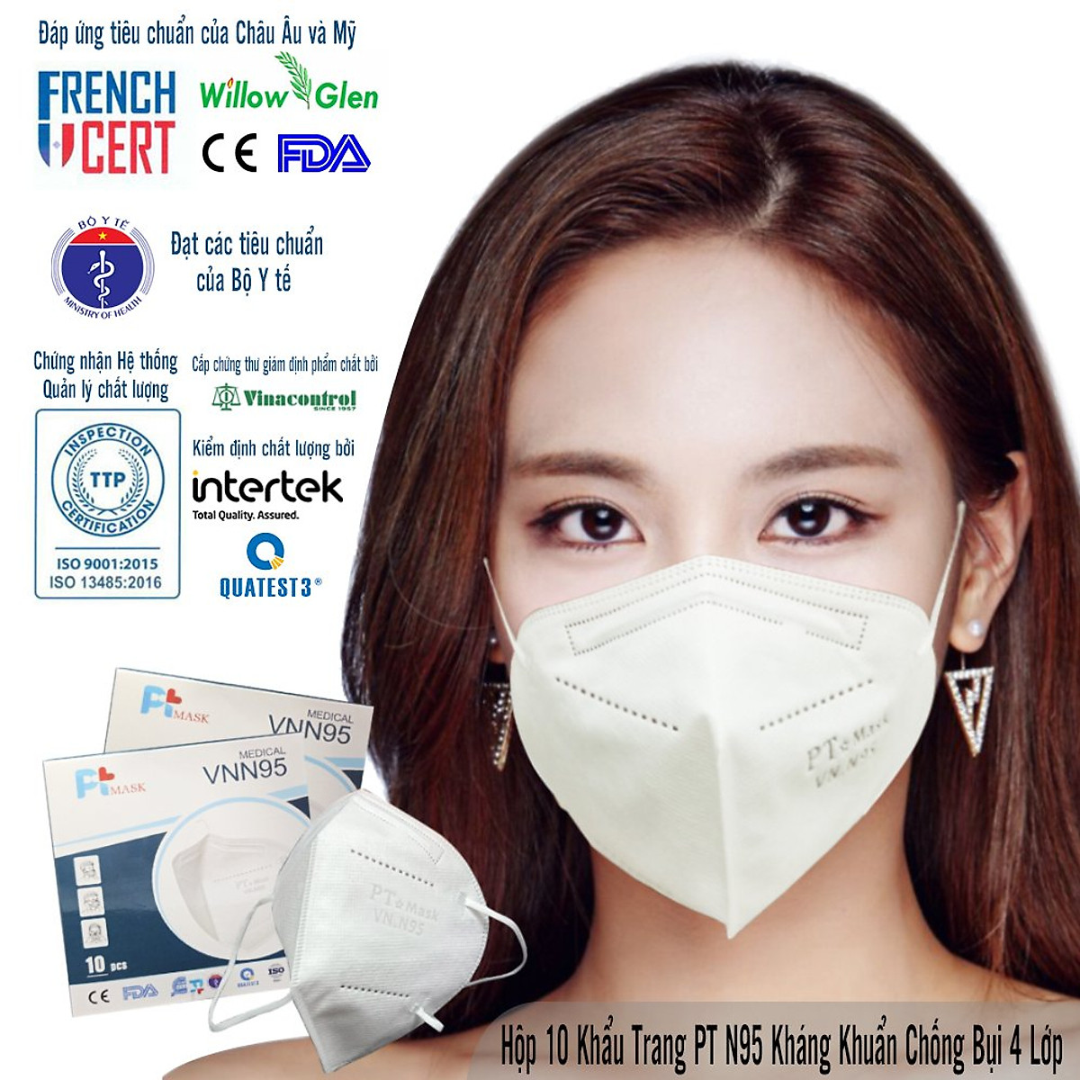 Khẩu Trang VNN95 PT Mask, kháng Khuẩn, Chống Bụi Siêu Mịn PM2.5, Màu Trắng - Đạt Chuẩn Y Tế - Hộp 10 cái