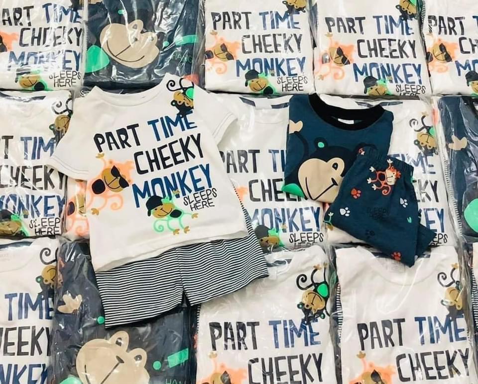 Set 2 bộ mặc nhà thun cổ tròn cộc tay mùa hè hoạ tiết monkey cho bé trai chất cotton