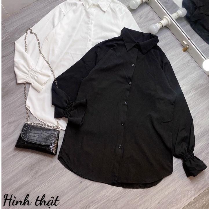Áo sơ mi unisex nữ đen trắng dài tay Nhún form rộng , sơ mi nữ công sở dáng suông-CUN0550