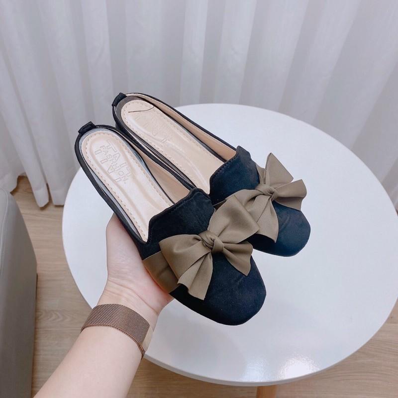 Dép sục mũi vuông nơ vải da lộn 2 màu hàng đẹp