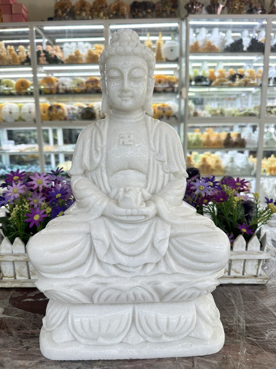 Tượng Phật A Di Đà, phật tổ như lai ngồi đài sen đá cẩm thạch trắng - Cao 40 cm