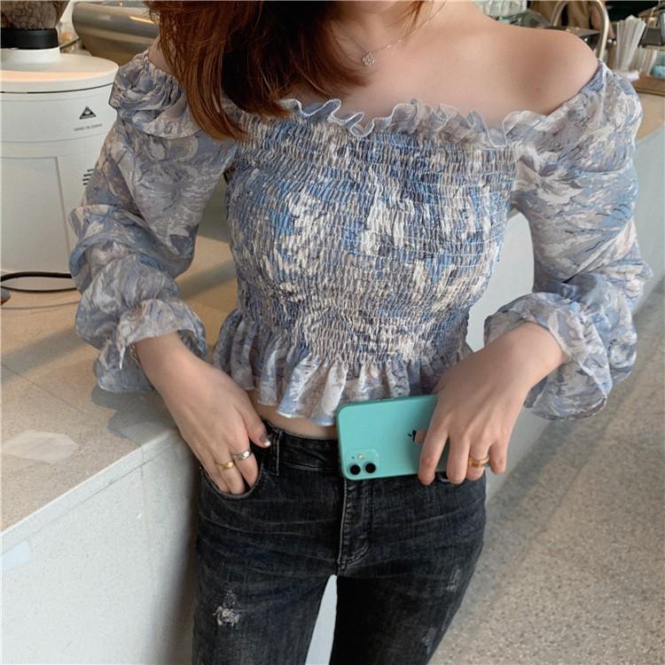 Áo Kiểu Vải Voan Tay Phồng Cổ Vuông In Họa Tiết Sơn Dầu Xinh Xắn Cho Nữ