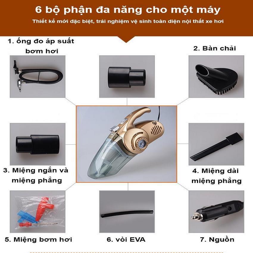 Máy Hút Bụi Cầm Tay Đa Năng, Thông Minh Tiện Lợi Gồm 4 Đầu Hút Đa Năng (4 Tính Năng Trong 1 Sản Phẩm) Siêu Hút Bụi - Bơm Nhanh - Đo Áp Suất Lốp - Đèn Led.