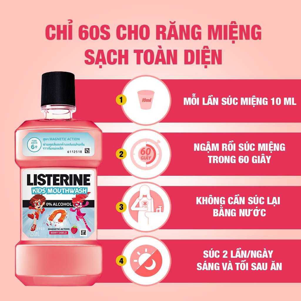 Bộ 3 chai Nước Súc Miệng Listerine Kids Mouthwash with berry shield Dành Riêng Cho Trẻ Trên 6 Tuổi 250ml/chai