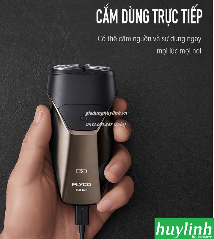 Máy cạo râu Flyco FS888VN - 2 lưỡi cạo - sạc nhanh 1h chân USB Type C - Chống nước - Hàng chính hãng tại Việt Nam