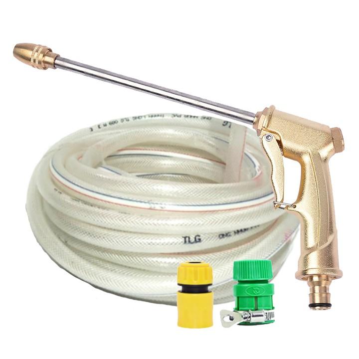 Bộ dây vòi xịt nước rửa xe, tưới cây . tăng áp 3 lần, loại 20m 206701-3 đầu đồng, cút nối vàng