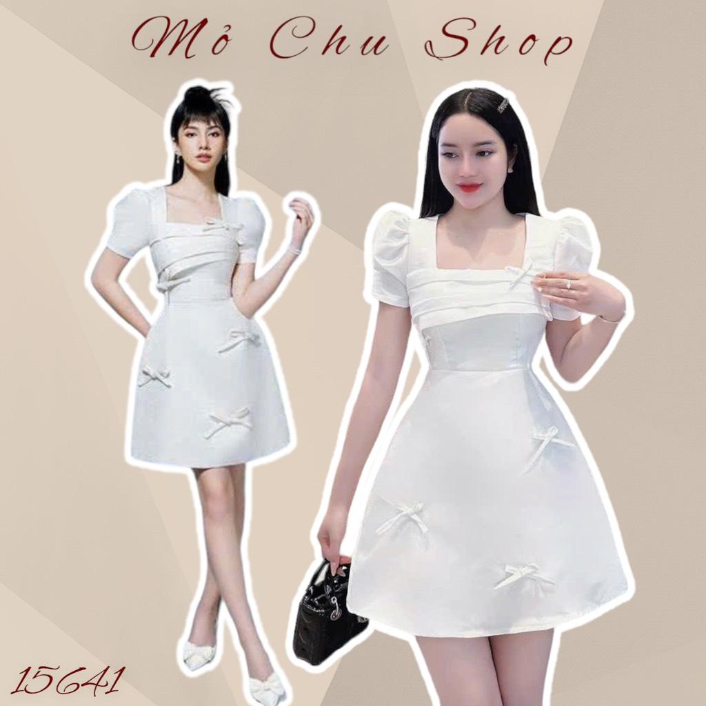 Đầm xòe tapta cổ vuông phối nơ