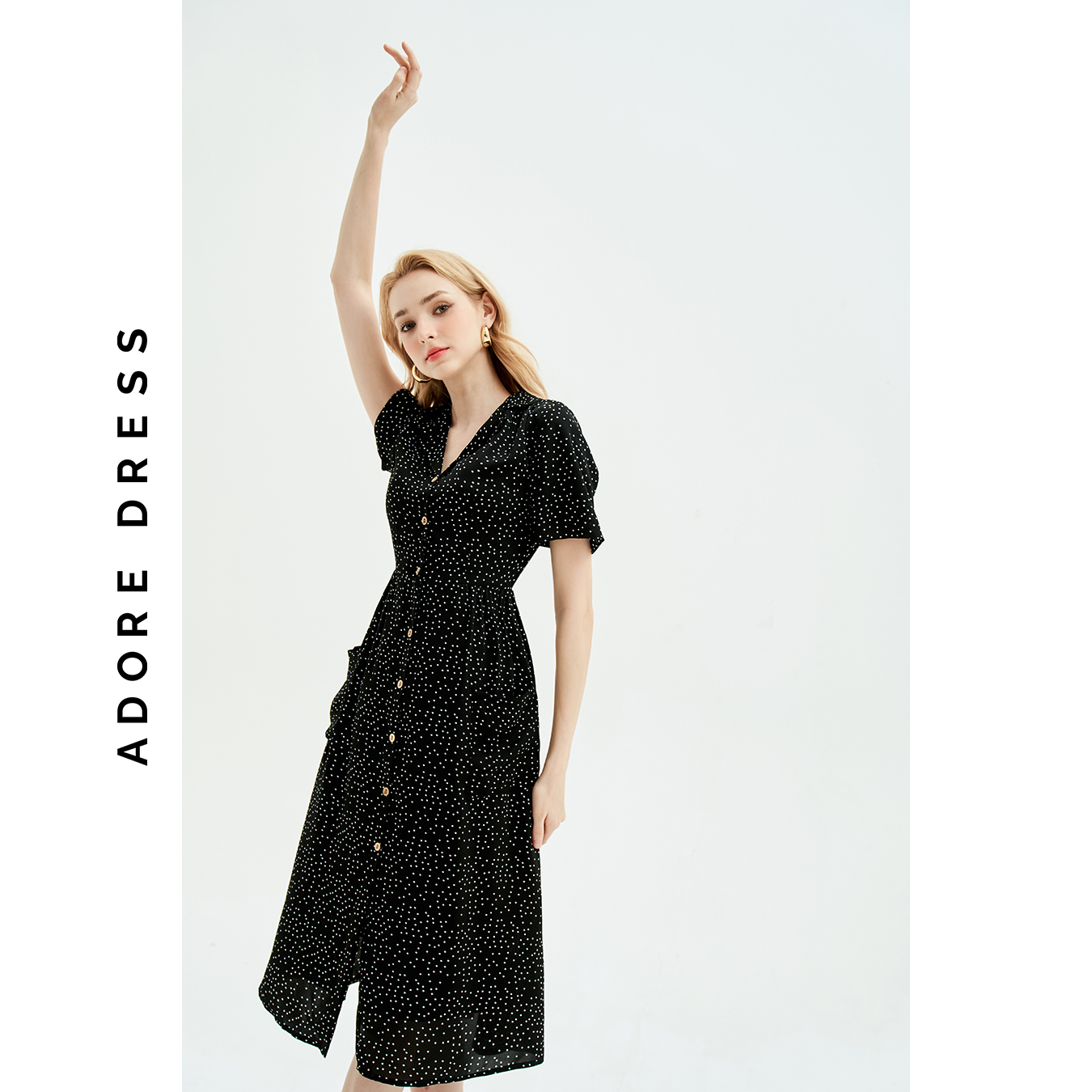 Đầm Midi dresses casual style lụa chấm bi đen khuy dừa 311DR2039  ADORE DRESS