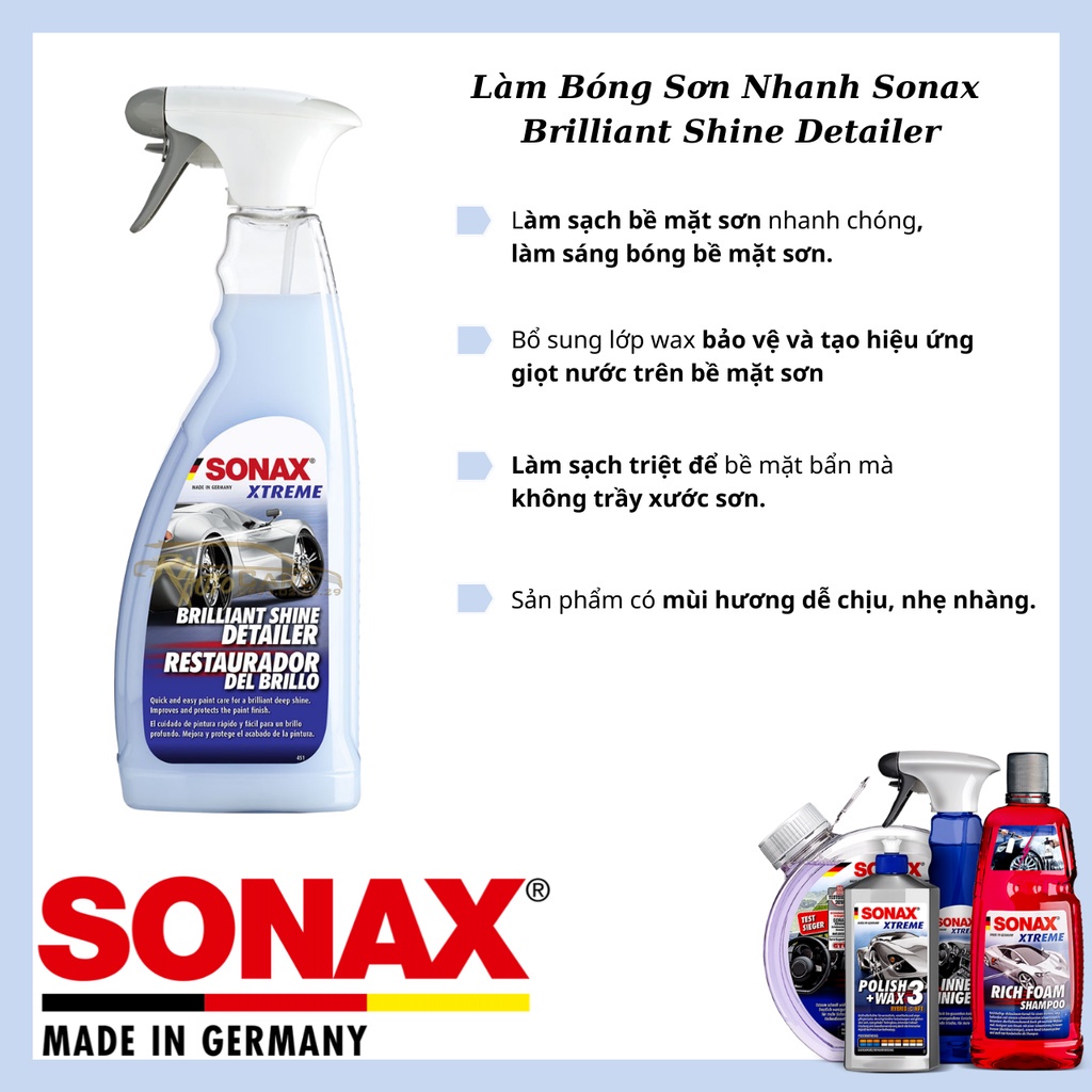 Chai xịt phủ bóng sơn xe và các chi tiết ô tô nhanh chóng Sonax 287400 500ml - chống thấm nước, phủ bóng nhanh, loại bỏ cận bẩn, tăng độ sáng sơn xe, giảm bám bụi bẩn, mùi dễ chịu