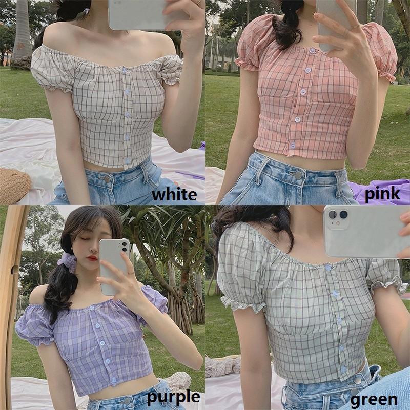 Áo kiểu tay ngắn cổ vuông kẻ sọc caro phối nút đơn giản