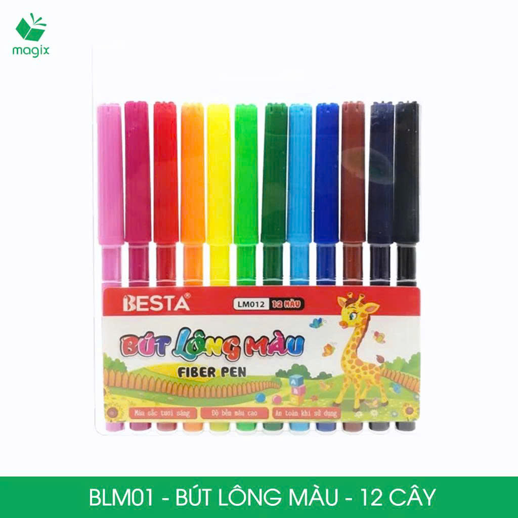 BLM01 - 12 cây bút lông màu, bút dạ màu sắc tươi sáng, an toàn cho bé