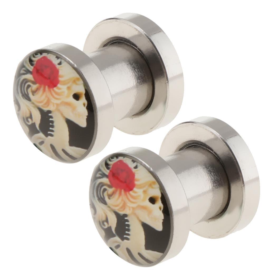 2 Pcs Gothic Red Rose Skull Ear Tunnels Expanders Halloween Gifts