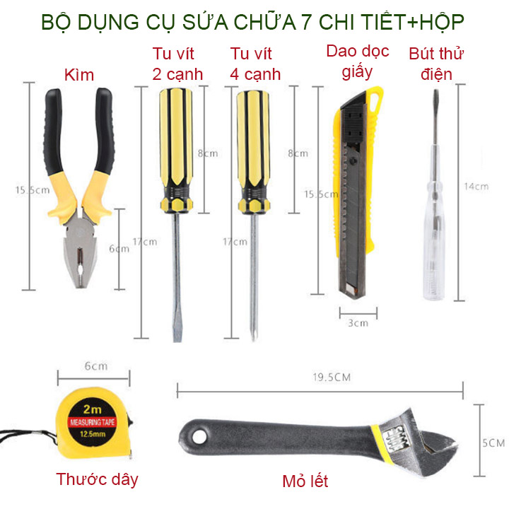 Bộ dụng cụ đồ nghề 7-8 chi tiết tùy chọn kèm vỏ hộp nhựa