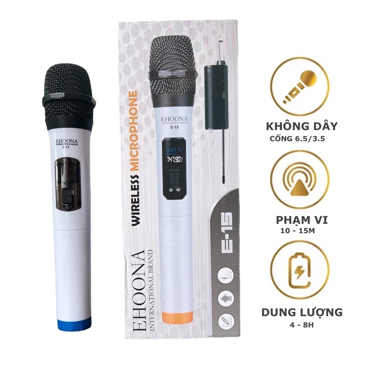 Micro Karaoke Không Dây Siêu Nhạy Hút Âm Sạc Pin UHF E-15 Dành Cho Loa Kéo Bluetooth Amply Zack Cắm 6.5mm E15