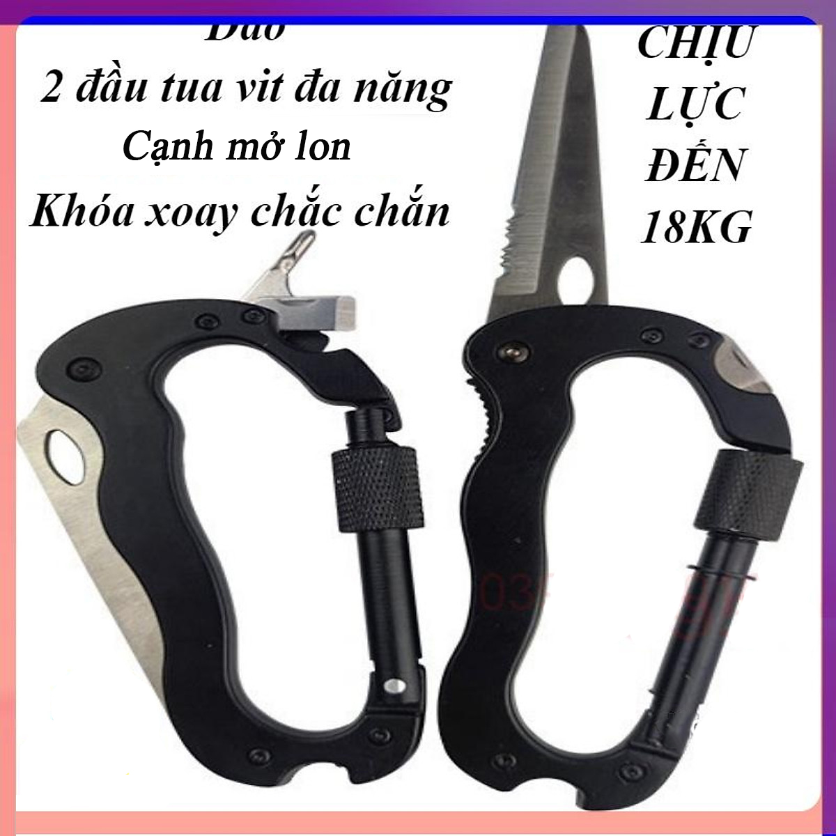 Móc khóa Carabiner hợp kim thép cao cấp đa năng 6 trong 1 gồm dao, 2 đầu tua vit đa năng, cạnh mở lon và khóa xoay chắc