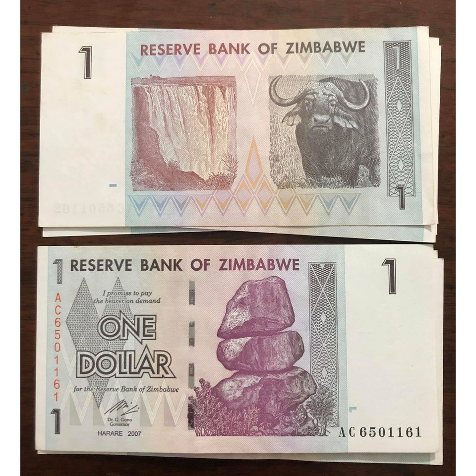 Combo 2 tờ tiền cổ Zimbabwe 1 dollar con trâu, tuổi Sửu sưu tầm