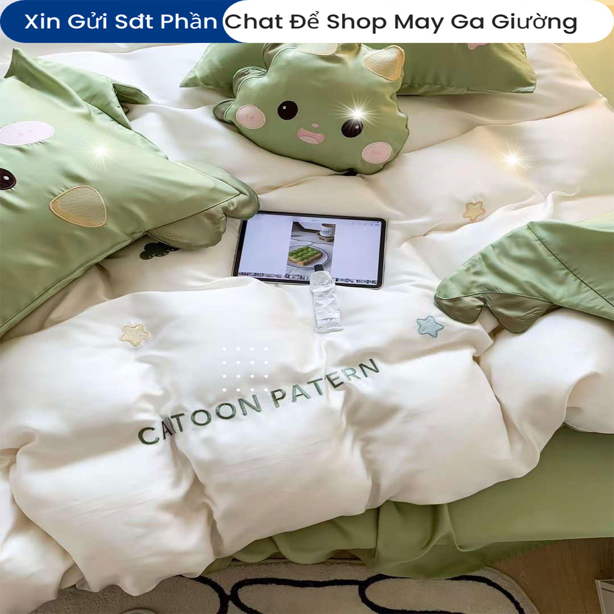 Bộ Chăn Ga Gối Đệm Linen 5 Món ANNA NGUYÊN Cao Cấp Chăn Chần Bông Lụa Mềm