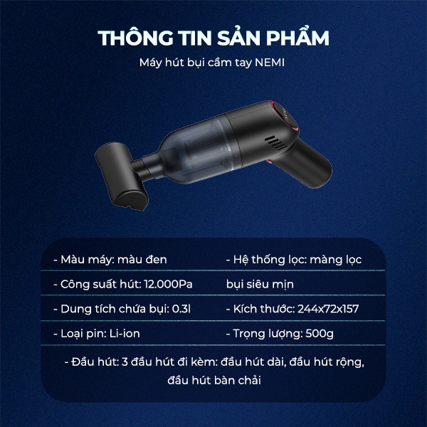 Máy Hút Bụi Không Dây Mini NEMI Lực Hút 12000 PA, Thiết Kế Cầm Tay, Tích Hợp 3 Đầu Hút Dùng Liên tục 45 Phút