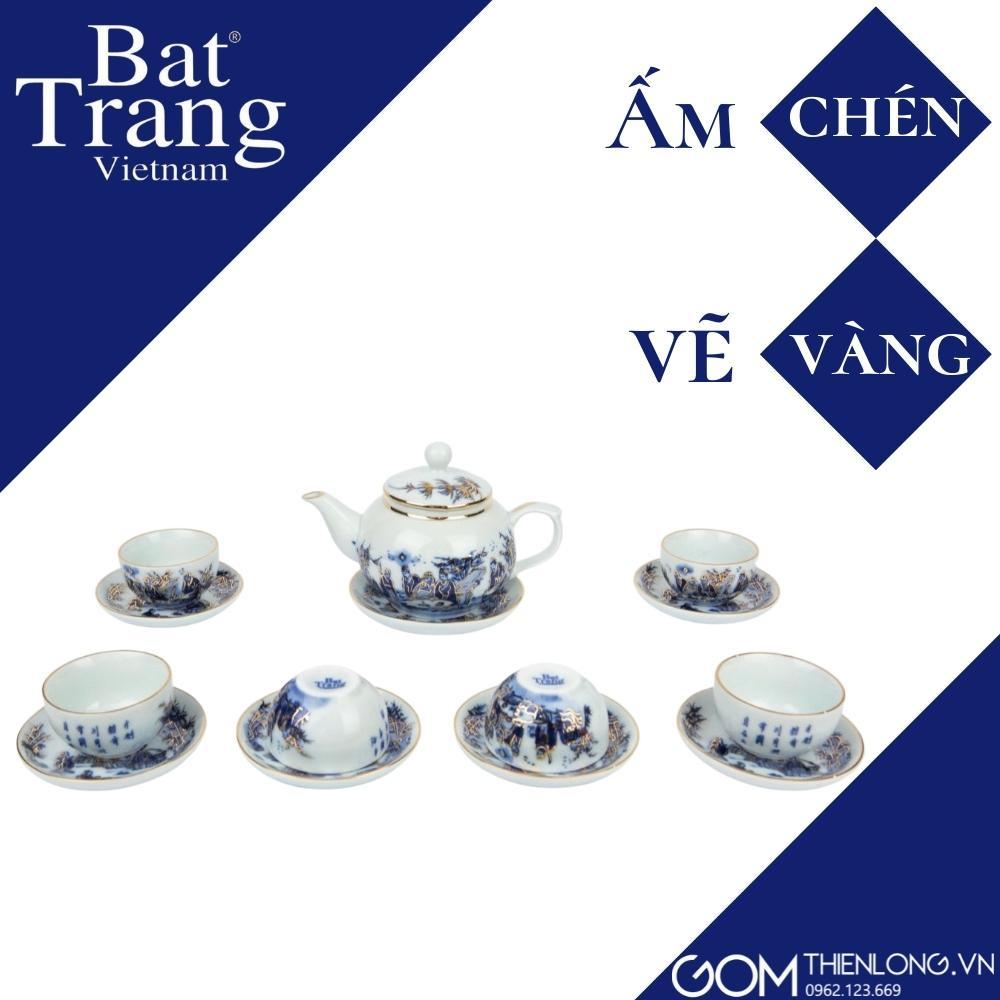 Ấm Chén Vẽ Vàng Trúc Lâm Thất Hiền - Bộ Ấm Chén Bát Tràng Cao Cấp - Gốm Thiên Long