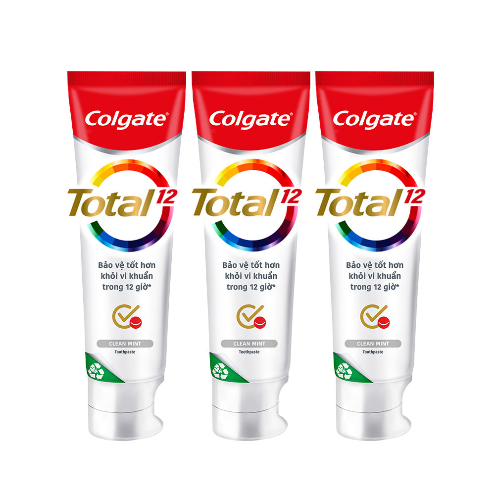 Bộ 3 Kem đánh răng Colgate diệt vi khuẩn Total Clean Mint hương bạc hà bảo vệ toàn diện 12h 170g/tuýp