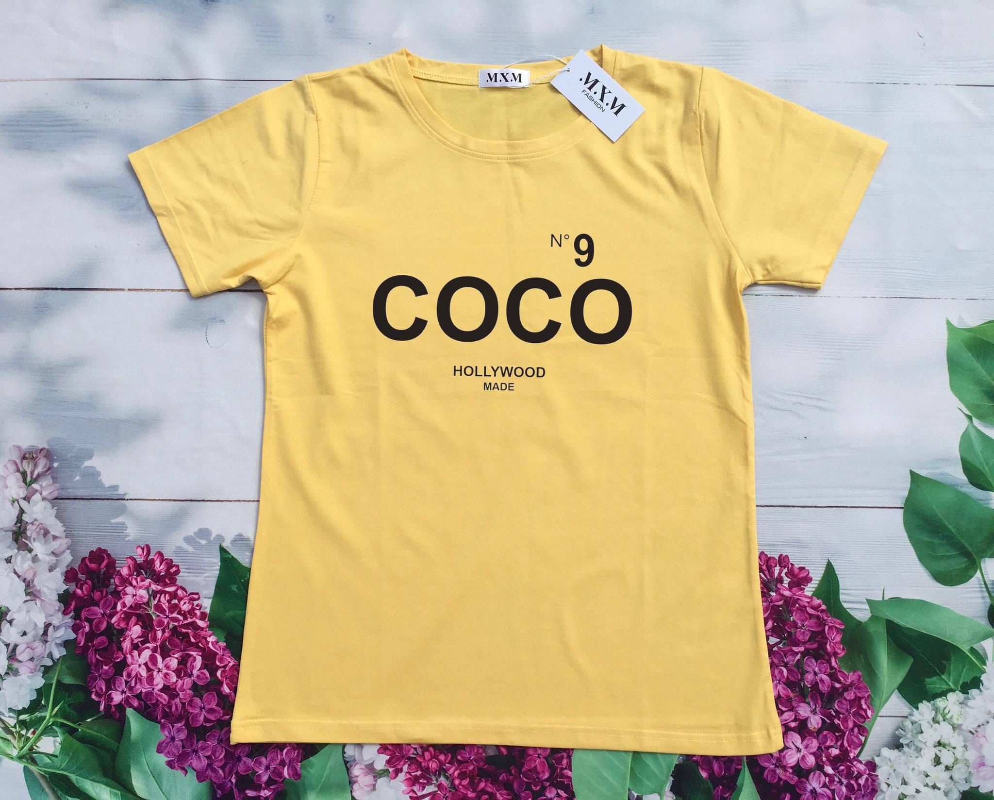 Áo thun nữ MXM form vừa in chữ COCO cotton 4 chiều
