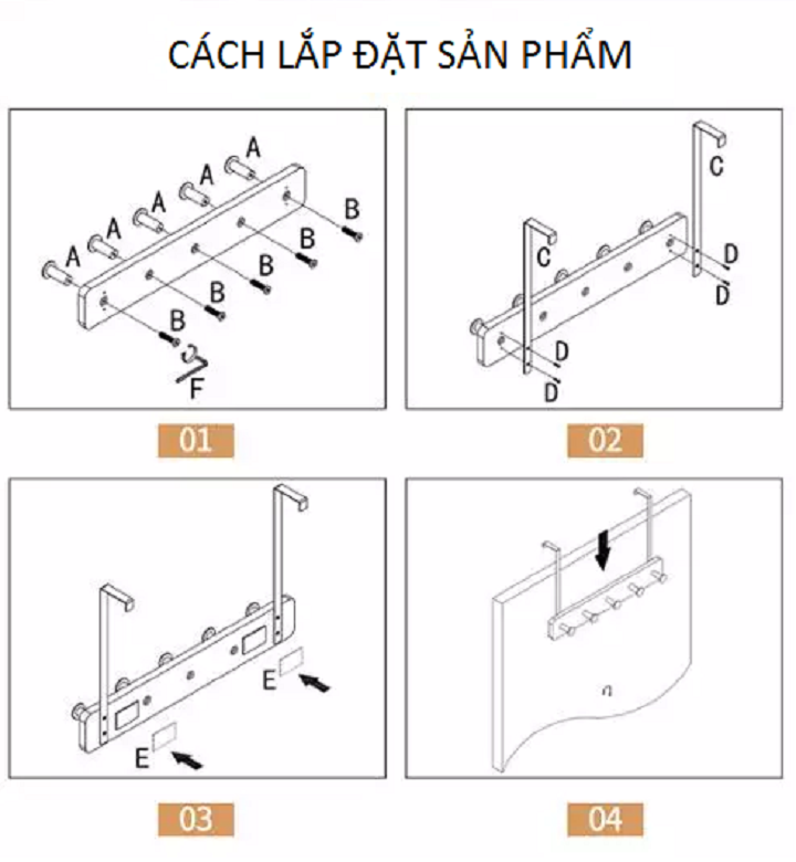 Móc treo quần áo sau cửa bằng gỗ màu xám vàng gold