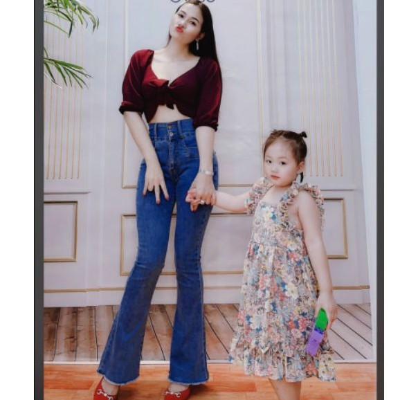 Quần jean nữ ống loe 2 túi trước chít thân co giãn