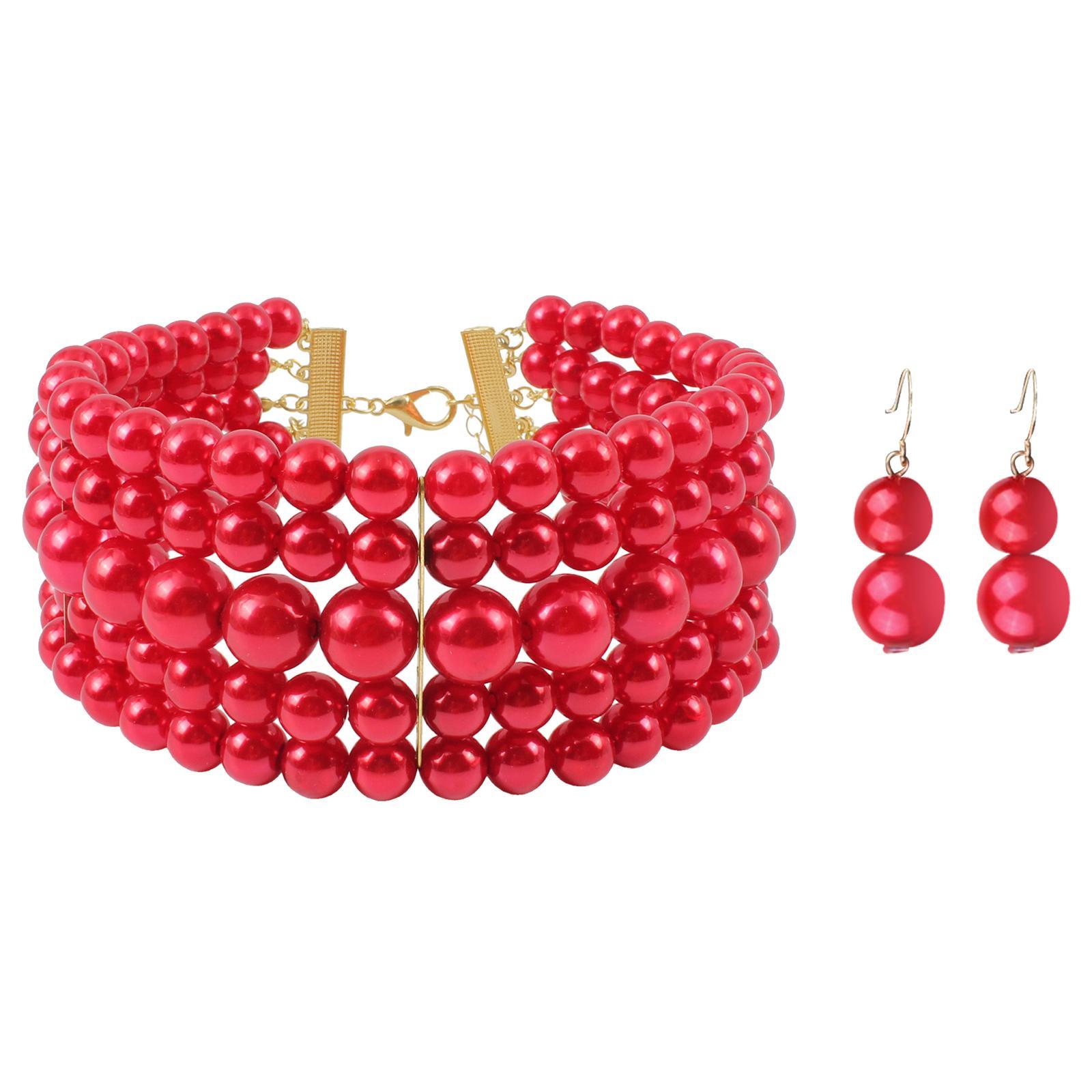 Fashion Pearl Choker Necklace and Earrings Set Round Imitation Pearl Multi Strands Costume Jewelry Set for Prom Bridal Gift Themed Party
