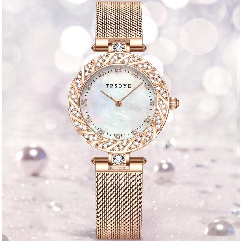 Đồng hồ đeo tay nữ TRSOYE TR8809 mặt số đính đá sang trọng không thấm nước Dây đeo lưới hợp kim thép