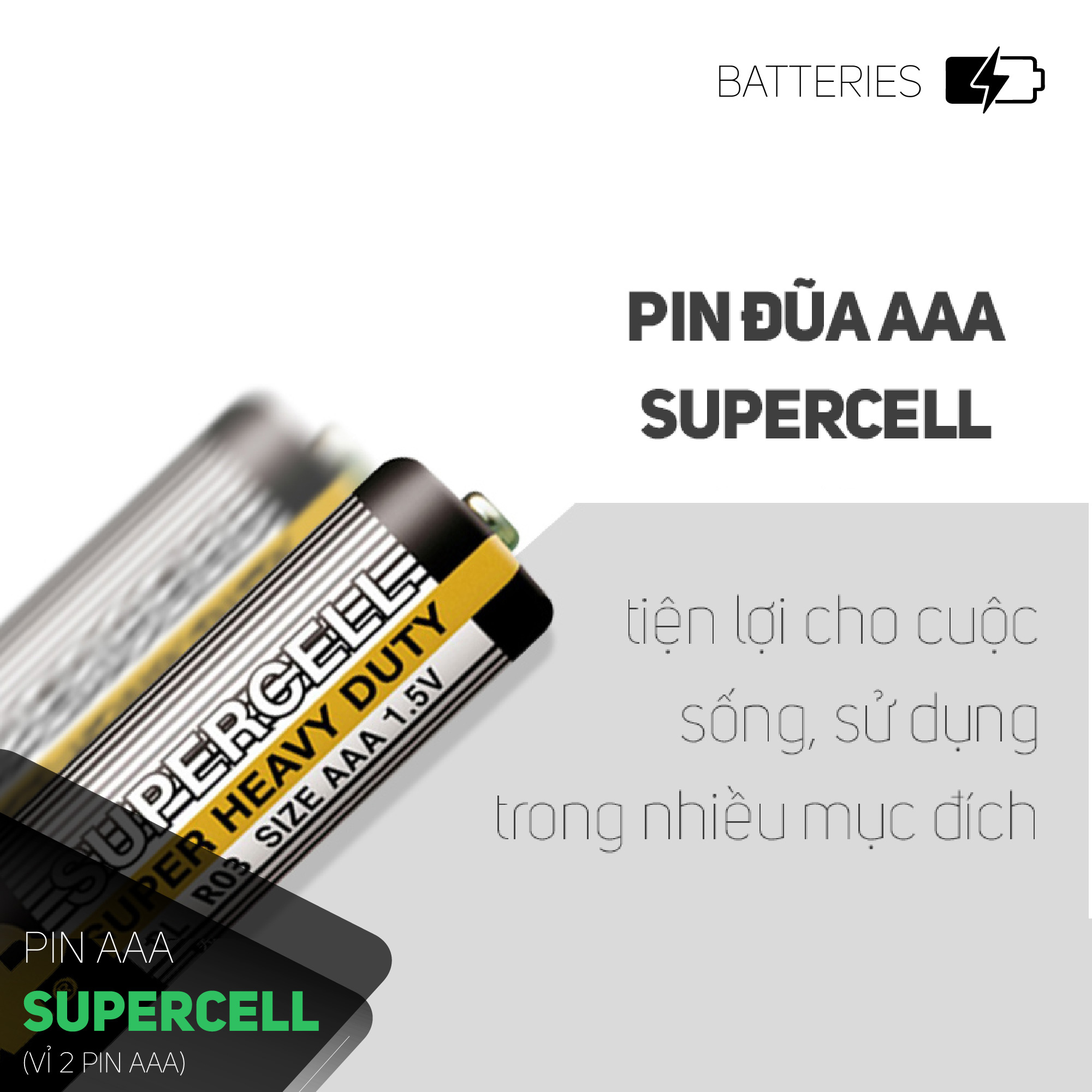 Pin đũa GP Supercell AAA 1.5V (2 viên),Pin AAA GP,Pin chuột máy tính,Pin điều hoà,Pin điều khiển quạt,Pin điều khiển tivi,Pin sử dụng cho các thiết bị nhỏ,Pin đồng hồ treo tường,Pin đồ chơi điện tử trẻ em