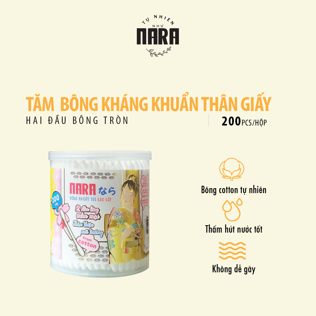 Tăm bông Nara kháng khuẩn màu vàng hộp 200 cái