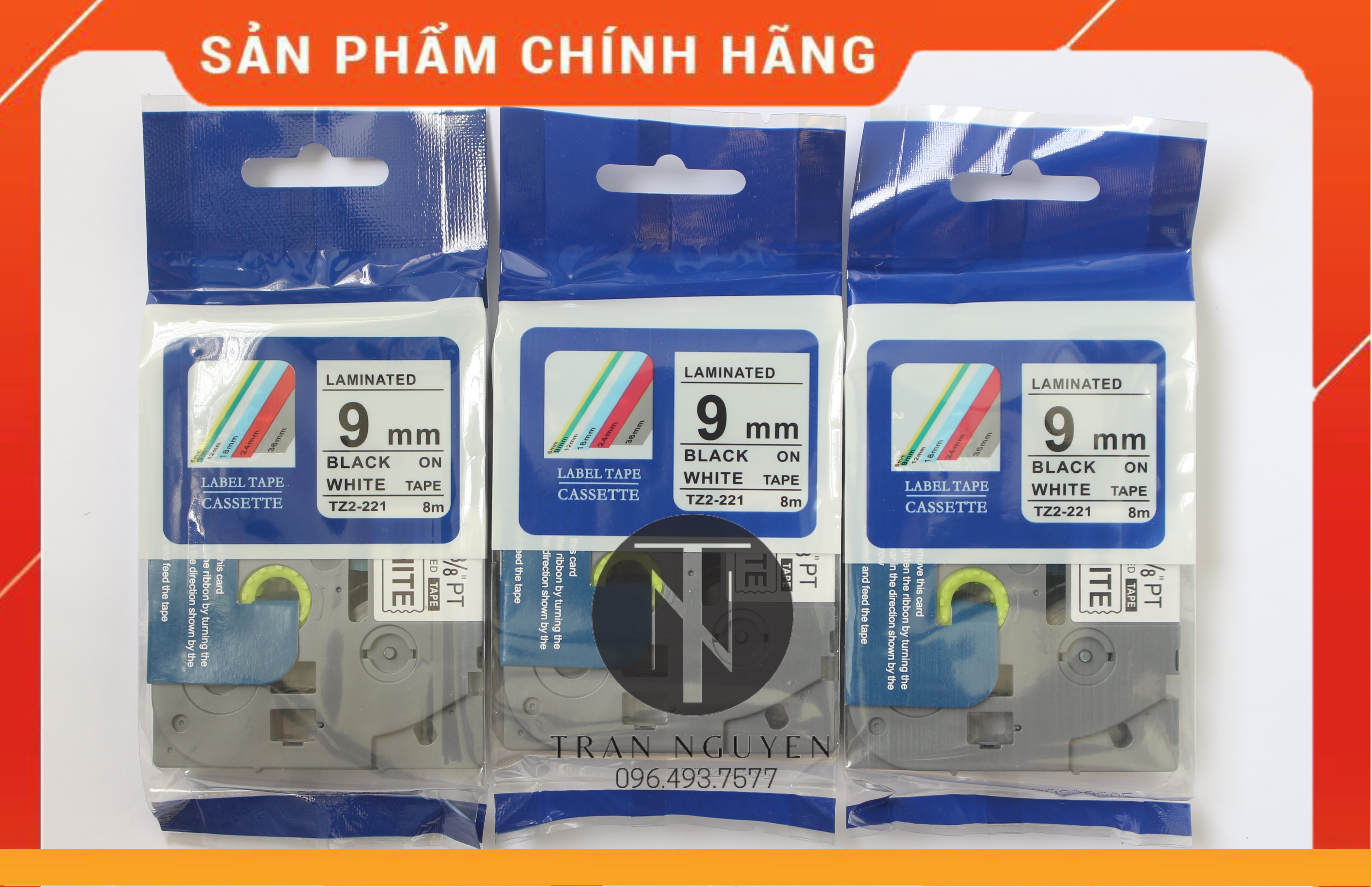 Nhãn In đa lớp Tz2-221 - Đen nền trắng 9mm x 8m- hàng chính hãng