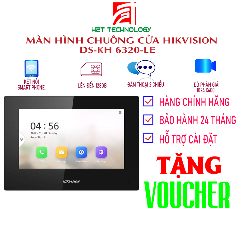 Màn hình chuông cửa 7 inch Hikvision DS-KH6320-LE, Led, kết nối PoE, tích hợp Mic và loa, thẻ nhớ 128MB