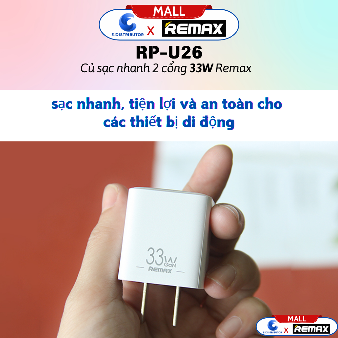 Củ sạc nhanh 2 cổng 33W Remax RP-U26 - hàng chính hãng - Bảo Hành 12 Tháng - sạc hai thiết bị cùng lúc tiện lợi