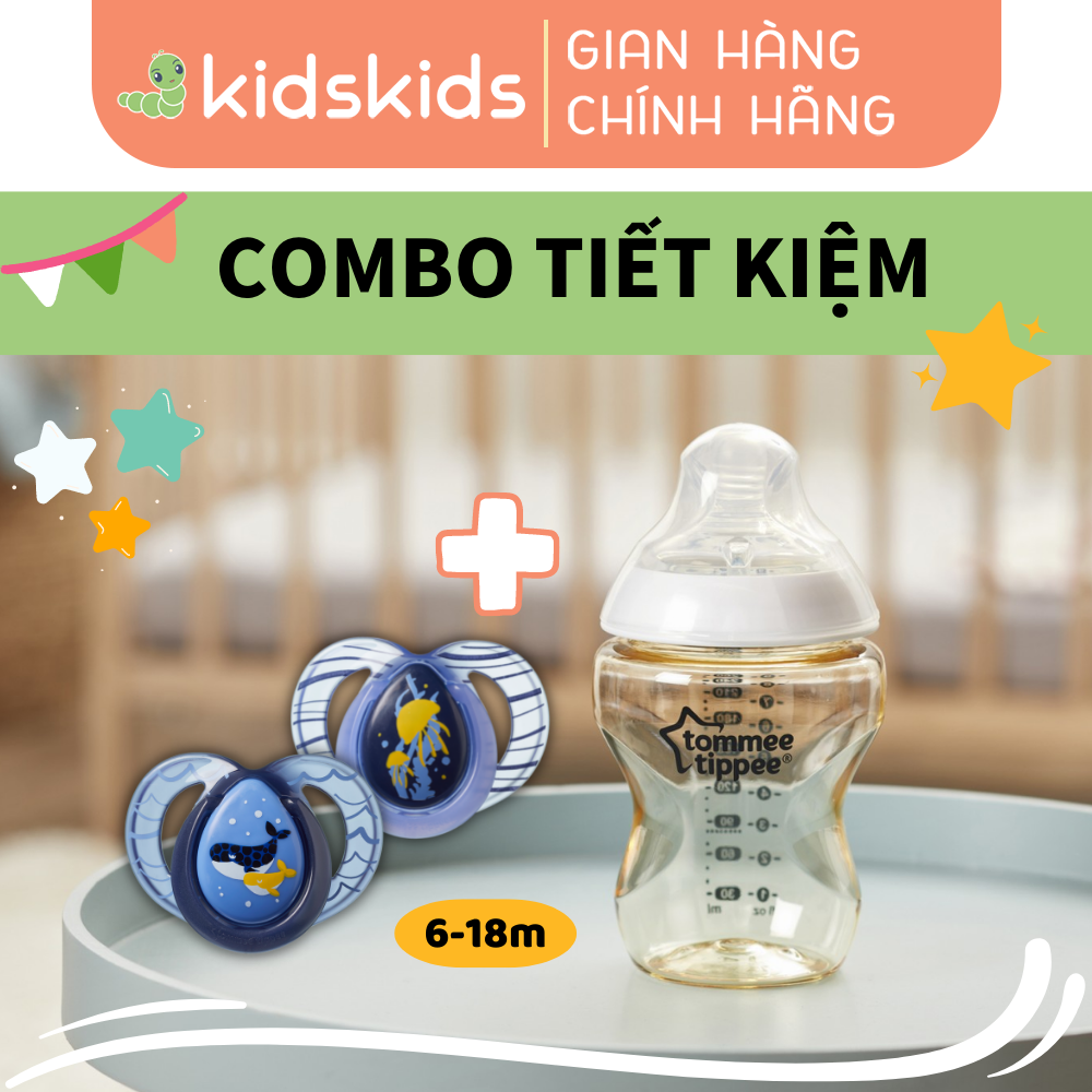 COMBO Ty ngậm dạ quang cho bé Tommee Tippee Night Time 6-18m &amp; Bình sữa PPSU ty siêu mềm tự nhiên Tommee Tippee 260ml