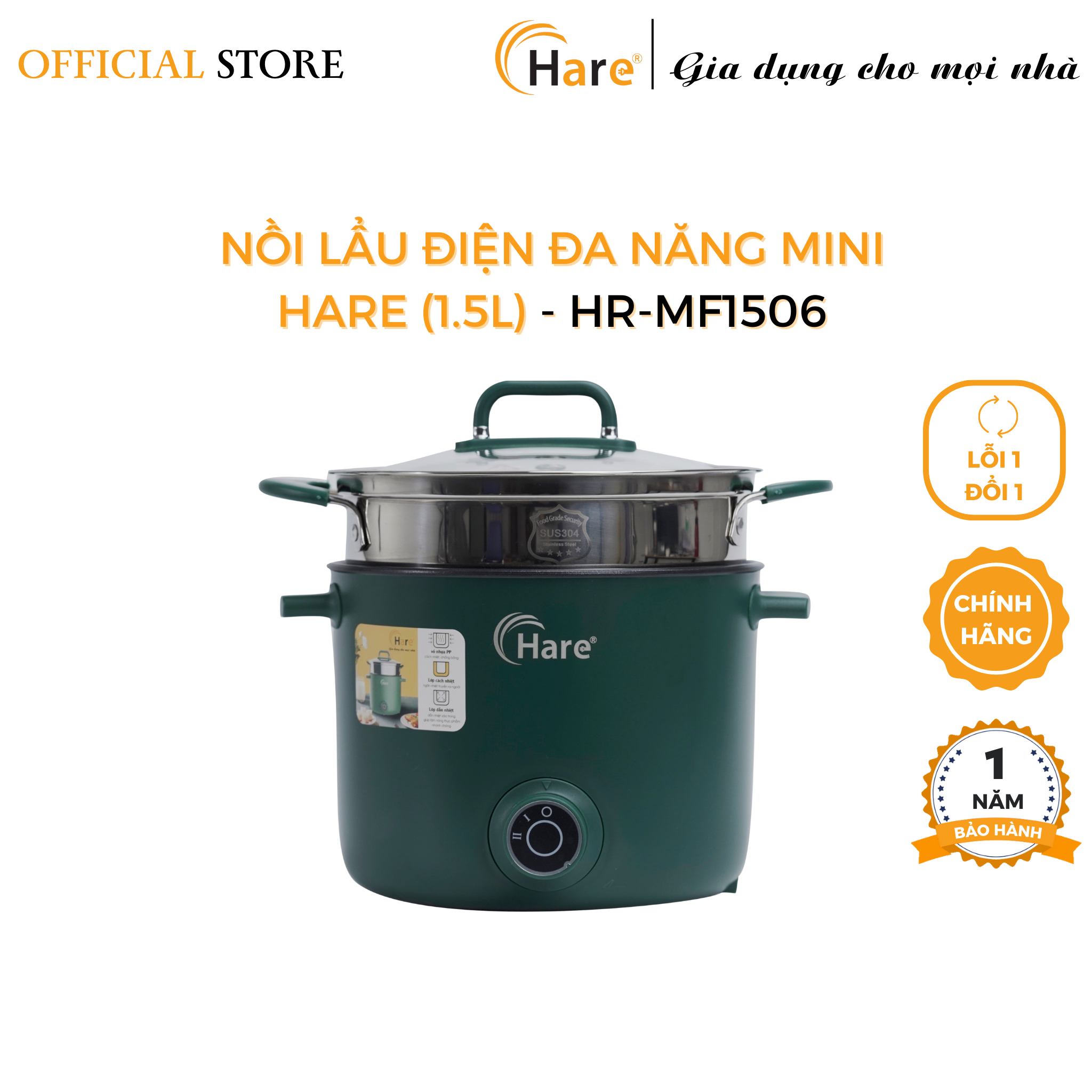 Nồi lẩu điện đa năng mini HR-MF1506 (1.5L) -hàng chính hãng thương hiệu Hare - bảo hành 12 tháng