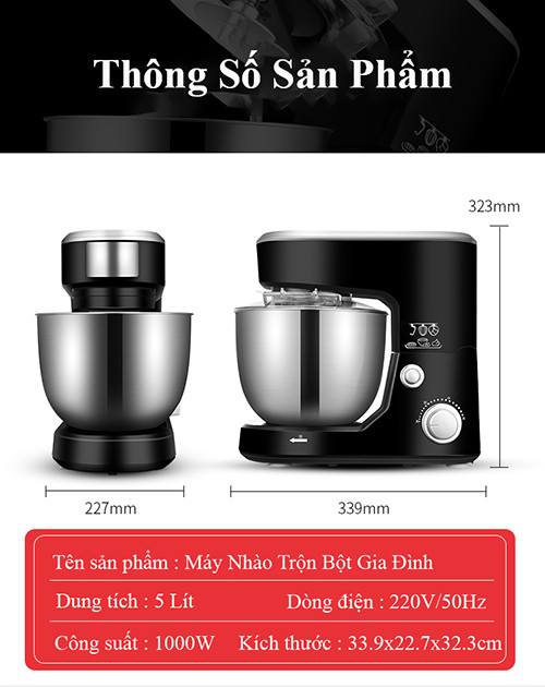 Máy nhồi, trộn, bột đánh trứng nhà bếp làm bánh tự động 5 lít, 3 đầu tiêu chuẩn tặng kèm vá múc bột, có nắp đậy tô an toàn sạch sẽ, Hàng Chính Hãng