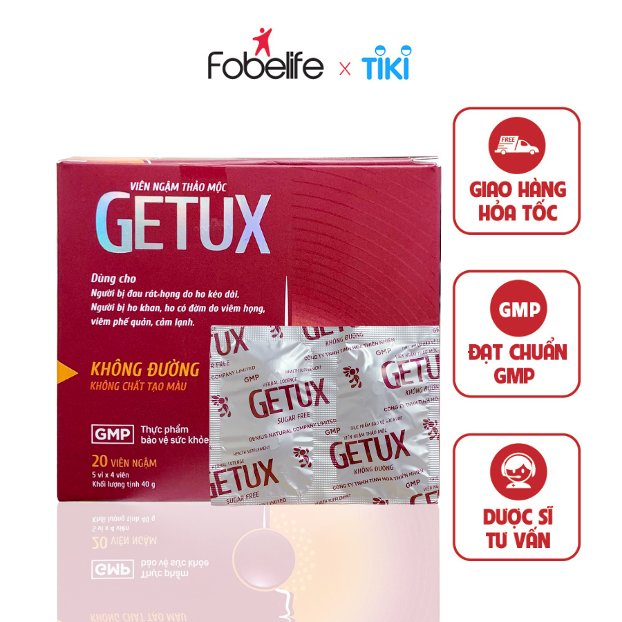 Viên Ngậm Thảo Mộc Giảm Ho Khan Đau Rát Họng GeTux - Hộp 20 viên ngậm