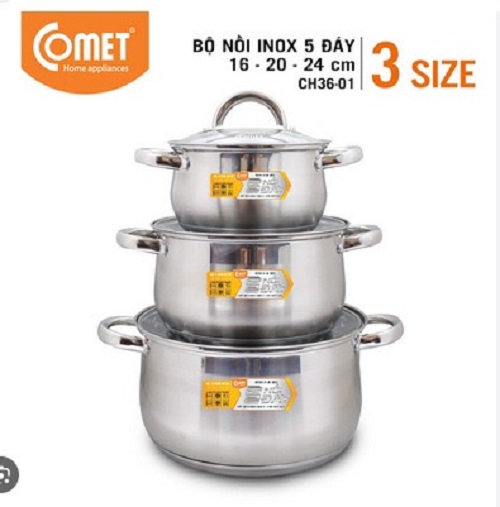 Bộ 3 nồi inox cao cấp 5 đáy Comet CH36-01