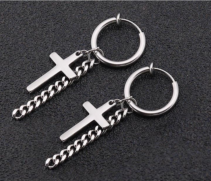 Bông Tai Nam KPOP Loại Kẹp Ko Cần Bấm Lỗ Tai Hình Thánh Giá Chất Liệu Thép Titan Không Rỉ TT 1690 - 1 Cặp