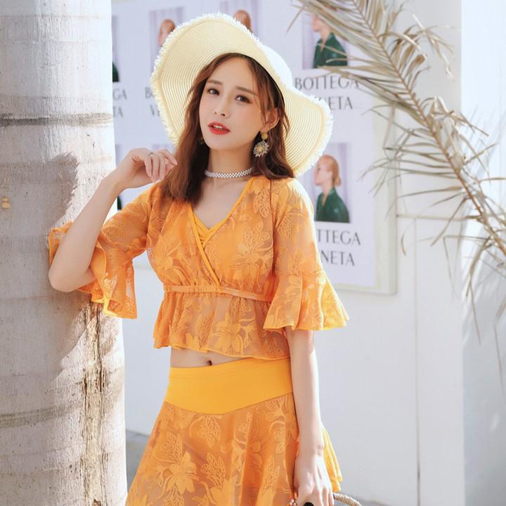 Bộ đồ bơi 3 mảnh bikini đẹp có đệm ngực gợi cảm với màu vàng cam nổi bậc
