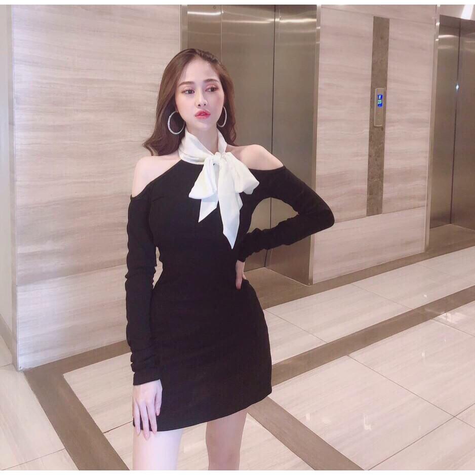 Đầm umi body hở vai cổ cột nơ xinh xắn y hình