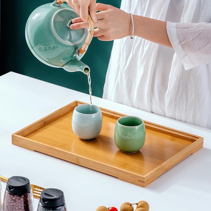 Khay gỗ tre tự nhiên phong cách Nhật Bản, khay trà gỗ chữ Nhật