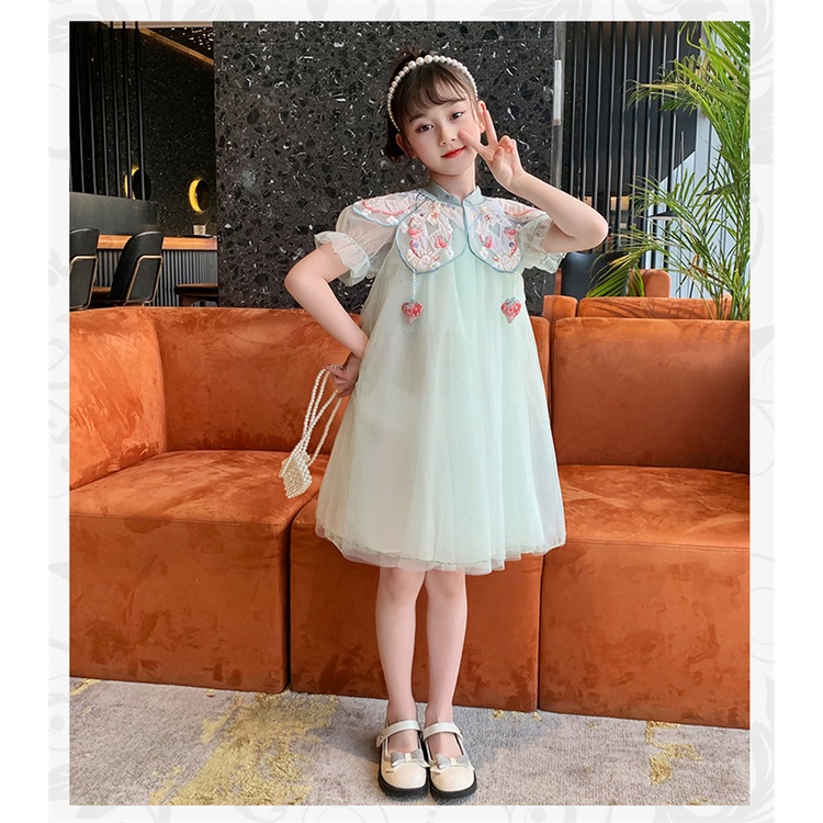 Đầm công chúa sườn xám cổ trang thêu hoa cho bé gái diện tết trung thu đẹp size 15-40kg hàng Quảng Châu